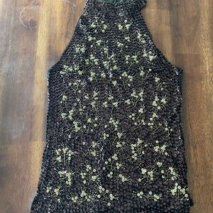 Tracy Reese Brown Beaded Y2K Halter Tank with Gold Floral Embellishments